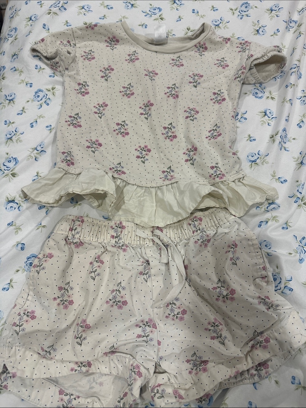 Cream Floral Ruffle Tee and Shorts Set kids